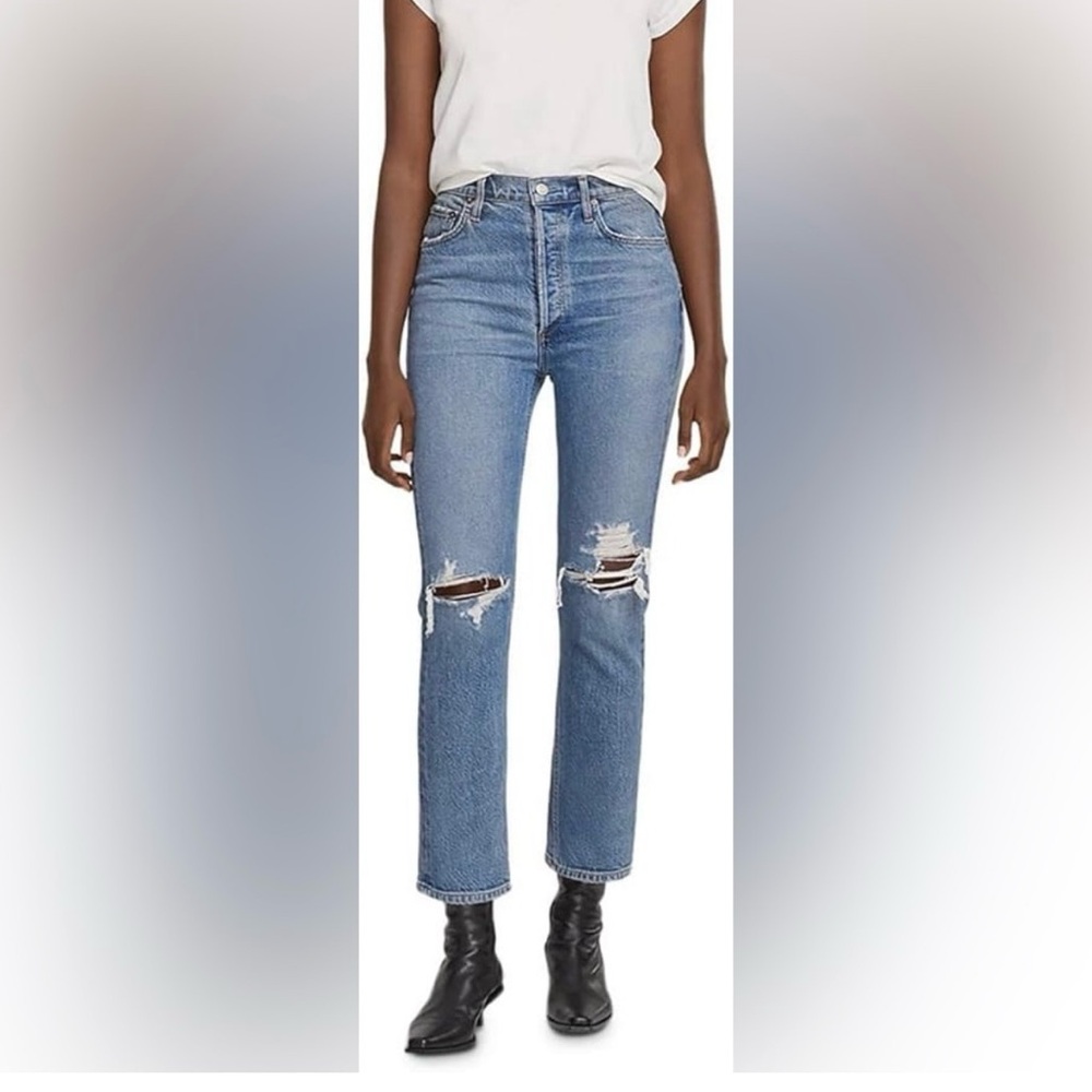 Agolde Riley High Rise Light Blue Ripped Jeans - Picture 5 of 6